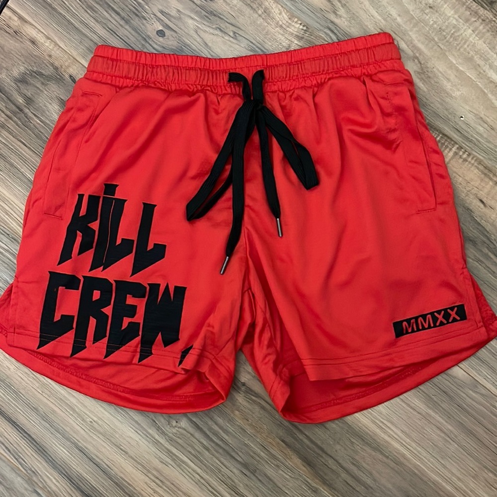 kill crew brand, red pull string athletic shorts